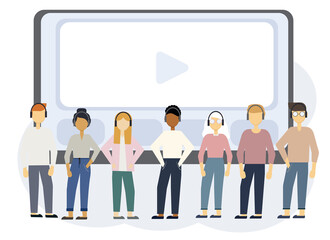 Online education illustration with laptop monitor and people in headphones