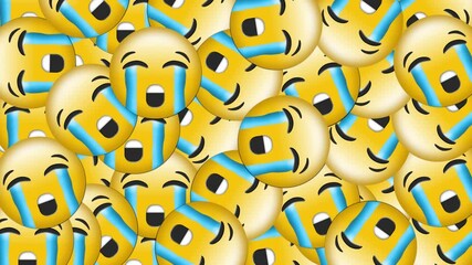 Digital animation of multiple crying face emojis falling against black background