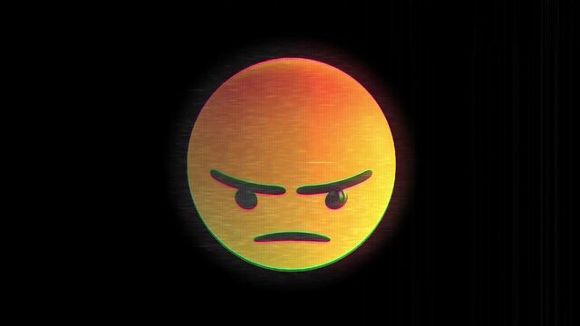 Digital animation of glitch effect over angry face emoji against black background