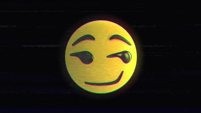 Digital animation of glitch effect over smirk face emoji against black background