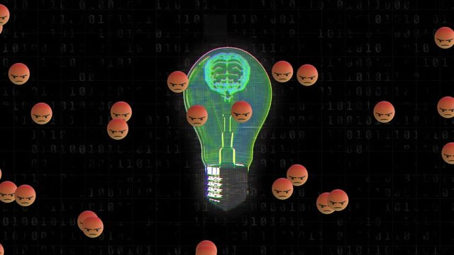 Digital animation of multiple angry face emojis against human brain inside light bulb