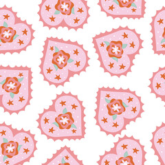 Seamless vector pattern with hearts and flowers. Pink background