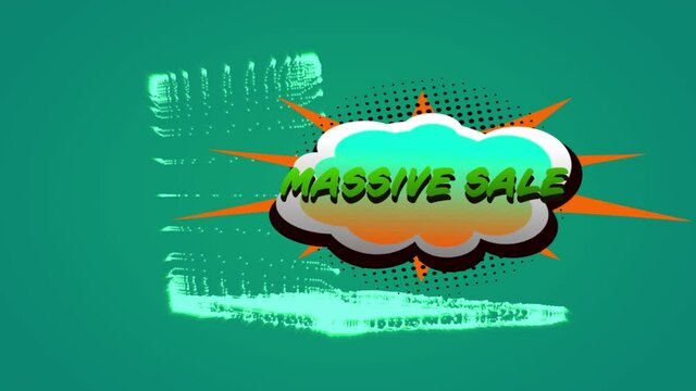 Massive sale text over retro speech bubble against 3d laptop model spinning on green background