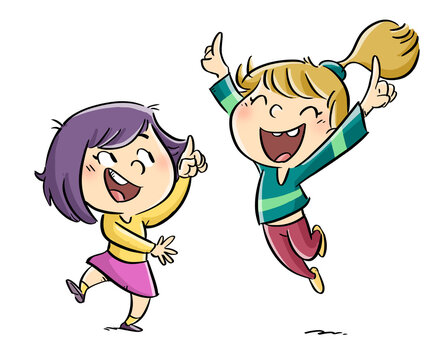 Illustration of little girls jumping and pointing