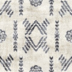 Seamless grungy tribal ethnic rug motif pattern. High quality illustration. Distressed old looking native style design in shades of gray and cream. Old artisan textile seamless pattern.