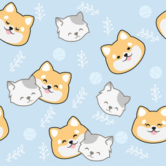 Cat and dog seamless pattern vector. Cute pet mascot illustration.
