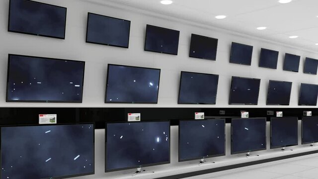 Animation of rows of television sets with glowing spots on blue screens in store