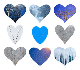 Set of nine hearts with textures. The collection includes: cold winter, snow, ice, icicles, snowfall and snowflakes. Perfect for design.