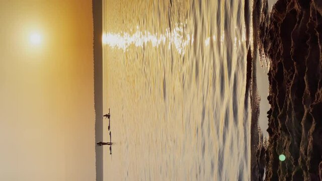 Vertical video of a lake at sunset, vacationers swim on an inflatable board and paddle, sun reflection on the water, calm water, lake with trees in the background, sandy shore in the foreground