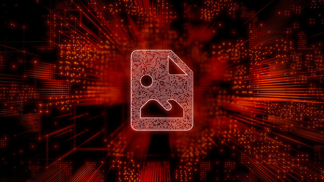 Image Technology Concept with picture symbol against a Futuristic, Orange Digital Grid background. Network Tech Wallpaper. 3D Render 