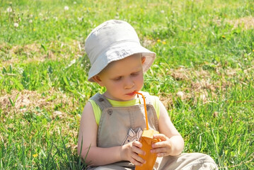 A little boy sits on the grass and drinks baby juice from a straw. Picnic in nature with children.