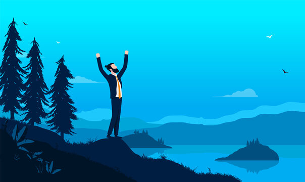 Businessman freedom - Man standing in formal wear outdoors in nature with raised hands, feeling free and happy. Time of work, and furlough concept. Vector illustration