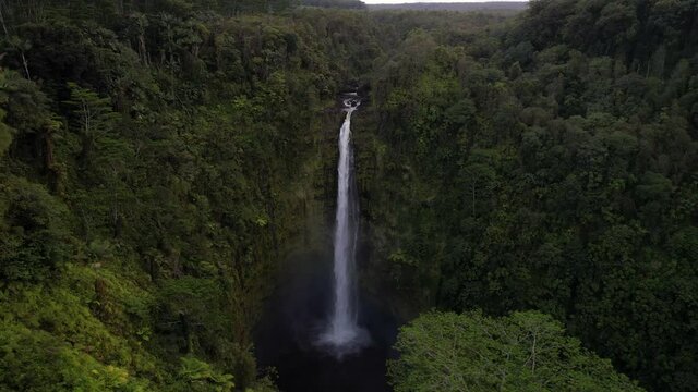 Akaka Falls stock video. Aerial 4K drone footage of the iconic Hawaiian waterfall on the Big Island at dusk.