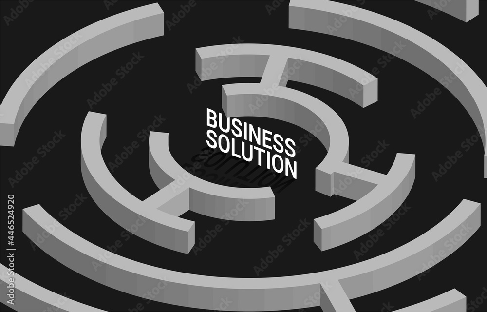 Poster Business Solution at center of maze. Business concept for problem solving and marketing solution strategy