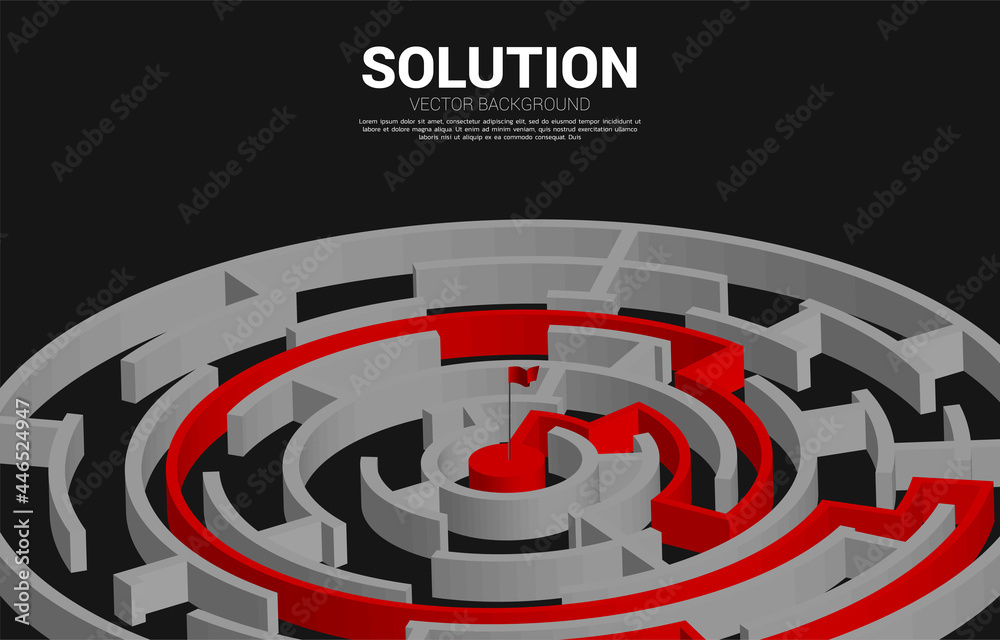 Poster route path to center of the maze. Business concept for problem solving and solution strategy
