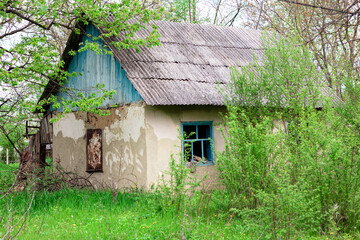 Fototapeta premium Overgrown abandoned house in a country . Abandoned house with a slate roof