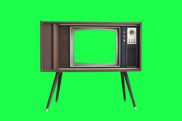 Vintage television with with green screen isolated on green background with clipping path.