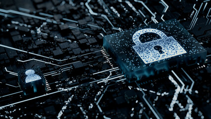 Security Technology Concept with lock symbol on a Microchip. White Neon Data flows between the CPU and the User across a Futuristic Motherboard. 3D render.