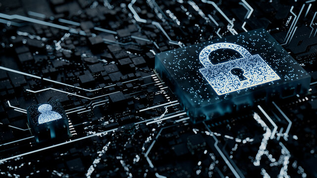 Security Technology Concept with lock symbol on a Microchip. White Neon Data flows between the CPU and the User across a Futuristic Motherboard. 3D render.