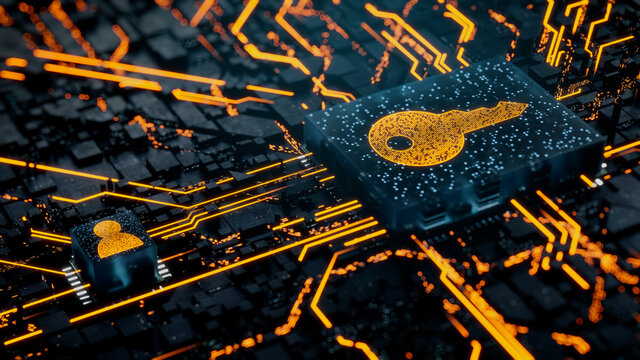 Security Technology Concept with key symbol on a Microchip. Orange Neon Data flows between the CPU and the User across a Futuristic Motherboard. 3D render.