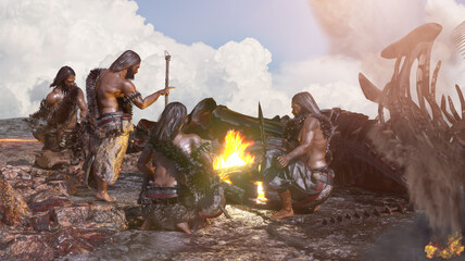 ancient cavemen people sit near a campfire render 3d - obrazy, fototapety, plakaty