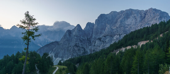 panorama of the Julian Alps at sunrise from Vrsic-Pass, Slovenia