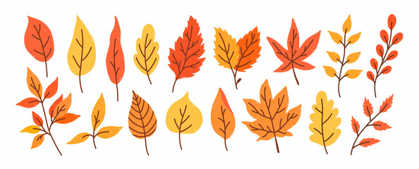 Set of different autumn leaves and twigs isolated on a white background. Vector hand-drawn illustration in cartoon flat style. Perfect for your project, cards, invitations, print, decorations.