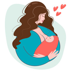 Illustration of World Breastfeeding Week. Happy mother's day. A woman is breastfeeding a newborn. Love, protection and motherhood concept. Isolated vector illustration. Flat style.