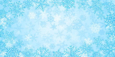 Illustration of big complex translucent Christmas snowflakes in light blue colors, located below, on background with falling snow