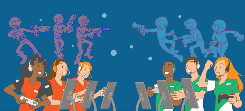 esportsで競い合う多民族チームのイラスト