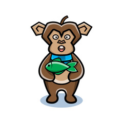 cartoon animal cute monkey holding a fish
