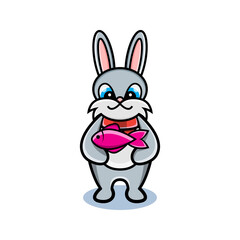 Fototapeta na wymiar cartoon animal cute rabbit holding a fish
