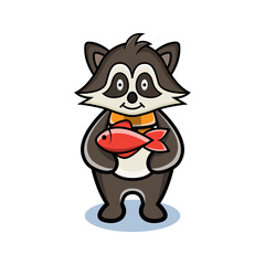 cartoon animal cute raccoon holding a fish