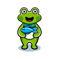 cartoon animal cute frog holding a fish