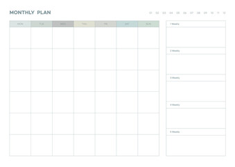 Note, scheduler, diary, calendar planner document template illustration. monthly plan form.