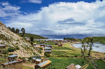 Aerial view of the town in the coast of the Island of the Sun. Titicaca lake. La Paz Department, Bolivia