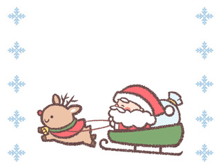 そりに乗るサンタクロースとトナカイと雪の結晶フレーム