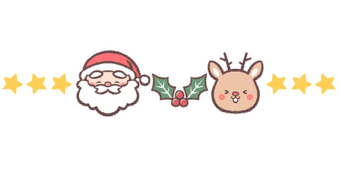 笑顔のサンタクロースとトナカイとヒイラギと星のライン