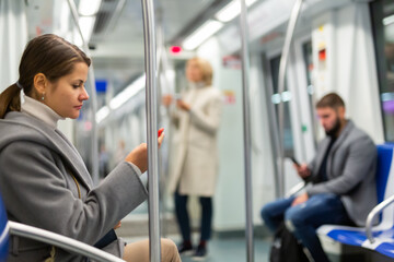 Fototapeta na wymiar Young woman absorbed in her smartphone while traveling in subway car..