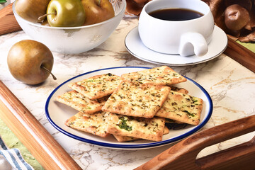Seaweed soda crackers on on the plate   