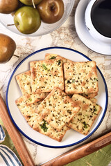Seaweed soda crackers on on the plate   