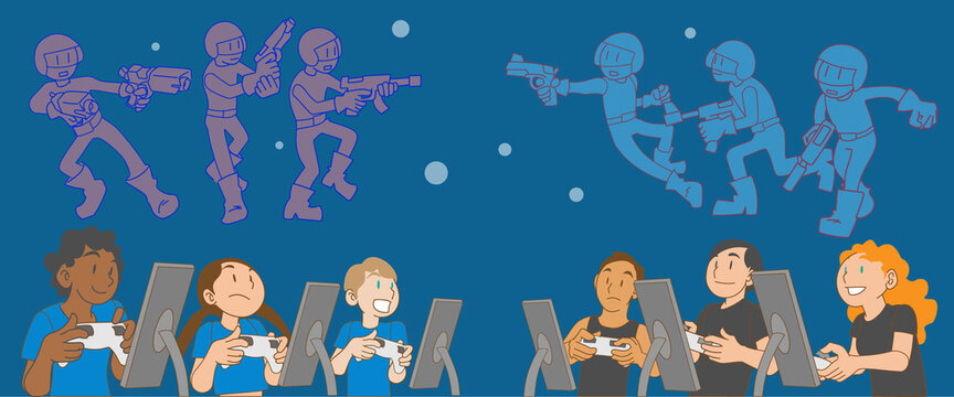 esports　に参加する多民族チームの子供たちのイラスト