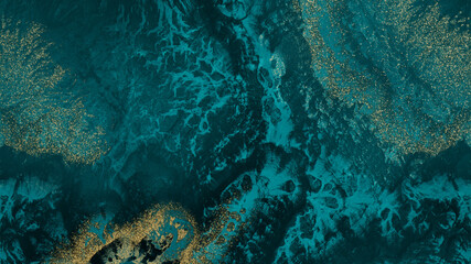 Teal and Black Abstract Art. Modern Design with Marble Swirls and Agate Ripples. Luxury, Organic Background with Gold Glitter.