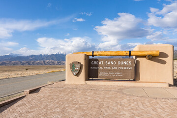 Entrance sign to Great Sand Dunes National Park in Colorado