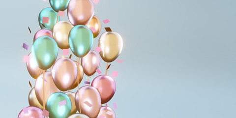 Background with multicolored balloons and ribbons special day backdrop 3D illustration