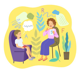 Female speech therapist with preschool boy make logopedic articulation exercises. Cartoon vector illustration.