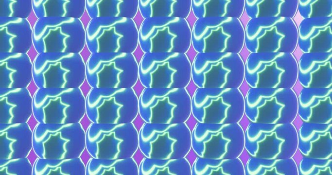 3d render with an unusual background of truncated blue spheres with a repeating curve of a glowing line inside