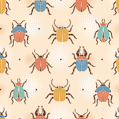 Halftone Retro Seamless Pattern with Geometric Bugs and Polka Dots. Colorful Beetles Abstract Background. Vintage Wallpaper with Insects. Vector illustration