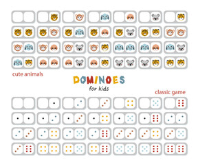 Two full Vector Sets of Dominoes with Cute Tropical Animal Faces for Kids and Classic Game. Colorful Domino Stones with Leopard, Monkey, Elephant, Sloth, Koala, Tiger and Multicolored Dots Drawings