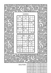 Puzzle and coloring activity page with two sudoku puzzles of comfortable level and wide decorative frame to color. Answer included.
